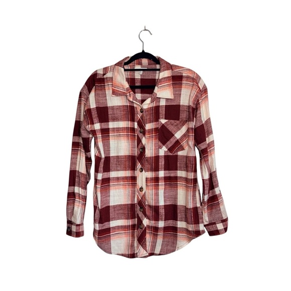 Maurices Cabin Plaid Button Down Boyfriend Fit Shirt Red Cream Medium Women’s - Picture 2 of 11